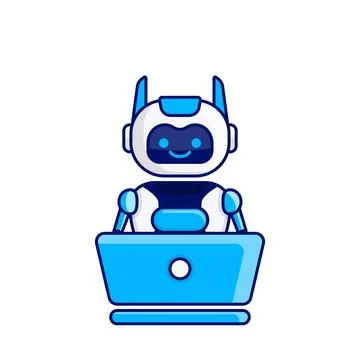 Robot character work with laptop vector illustration. Cute Cartoon Robot Il.. Stock Illustration