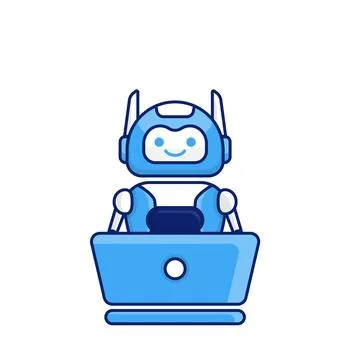 Robot character work with laptop vector illustration. Cute Cartoon Robot Il.. Illustrazione stock