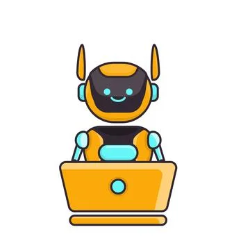 Robot character work with laptop vector illustration. Cute Cartoon Robot Il.. Illustrazione stock