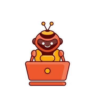 Robot character work with laptop vector illustration. Cute Cartoon Robot Il.. Illustrazione stock