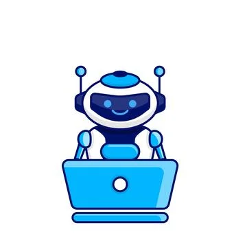 Robot character work with laptop vector illustration. Cute Cartoon Robot Il.. Stock Illustration