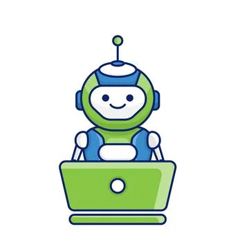 Robot character work with laptop vector illustration. Cute Cartoon Robot Il.. Stock Illustration