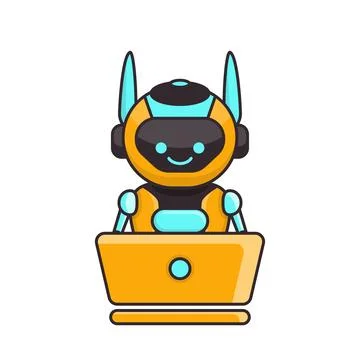 Robot character work with laptop vector illustration. Cute Cartoon Robot Il.. Stock-Illustration