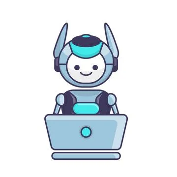 Robot character work with laptop vector illustration. Cute Cartoon Robot Il.. Illustrazione stock