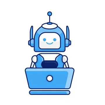 Robot character work with laptop vector illustration. Cute Cartoon Robot Il.. Stock Illustration