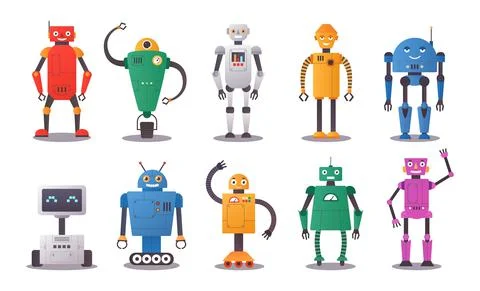 Robot characters. Human chatbot with artificial intelligence with funny faces Stock Illustration