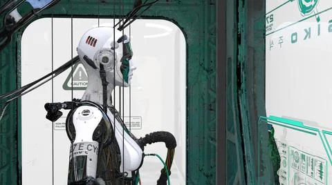 A robot in the charging station. Template for your stories, novels, posters, Stock Illustration