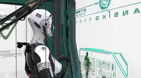 A robot in the charging station. Template for your stories, novels, posters, Stock Illustration
