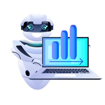 Robot chatbot assistant analyzing financial statistic data on laptop screen 스톡 일러스트