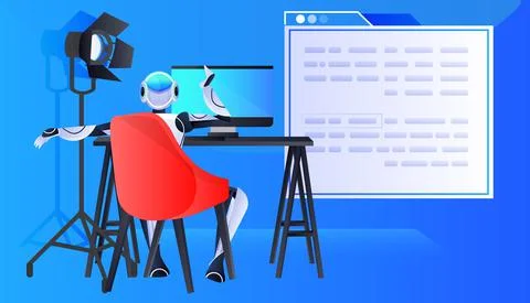 Robot chatbot assistant sitting at workplace and working on computer online 스톡 일러스트