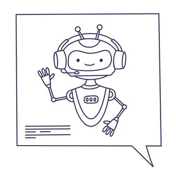 Robot Chatbot Assistant in Speech Bubble. Line Art Doodle. No-Code Virtual .. 스톡 일러스트
