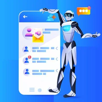 Robot chatbot assistant using mobile messenger app speech bubble online Illustrazione stock