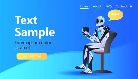 Robot chatbot assistant using tablet pc modern robotic character with chat Stock Illustration