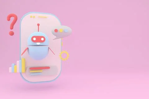 Robot chatbot with copy space 3d. Cute AI bot helper mascot character cartoon Illustrazione stock