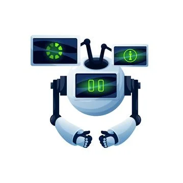 Robot chatbot with digital dashboards data screens Illustrazione stock