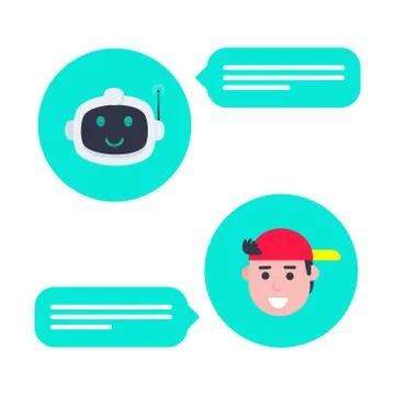 Robot chatbot head icon sign in the speech bubble talking with boy. Stock Illustration