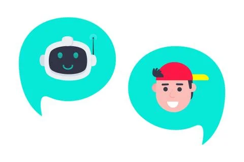 Robot chatbot head icon sign in the speech bubble talking with boy. Stock Illustration