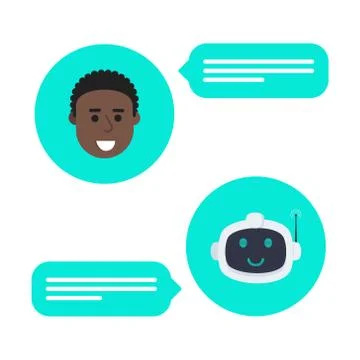 Robot chatbot head icon sign in the speech bubble talking with boy. Stock Illustration