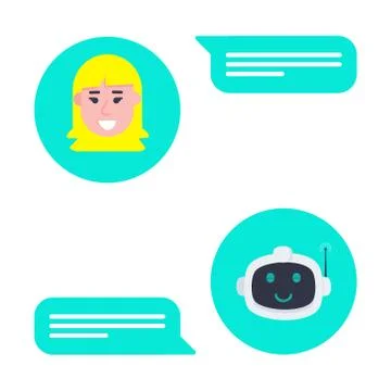 Robot chatbot head icon sign in the speech bubble talking with girl Stock Illustration