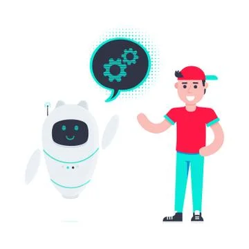 Robot chatbot head icon sign in the speech bubble talking with boy. Stock Illustration
