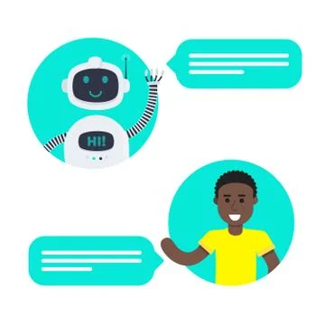 Robot chatbot head icon sign in the speech bubble talking with boy. Stock Illustration