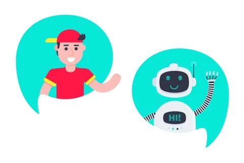 Robot chatbot head icon sign in the speech bubble talking with boy. Stock Illustration