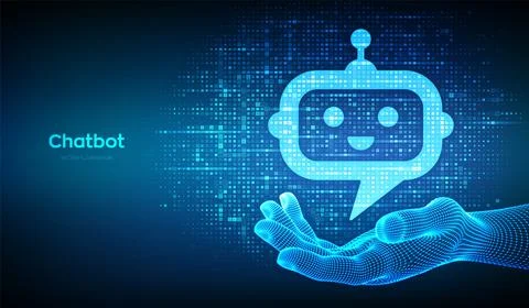 Robot chatbot head icon sign made with binary code in wireframe hand. Chatbot Illustrazione stock