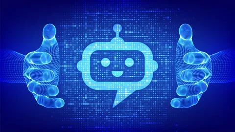 Robot chatbot head icon sign made with binary code in wireframe hands. Chatbo Stock Illustration