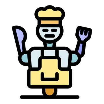 Robot chef holding fork and knife, artificial intelligence in the kitchen Stock Illustration