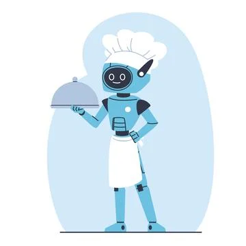 Robot chef holding serving tray. Cooking machine. AI innovation. Futuristic Stock Illustration