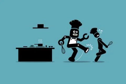 Robot chef kicks away a human chef from doing his job at kitchen. イラスト素材