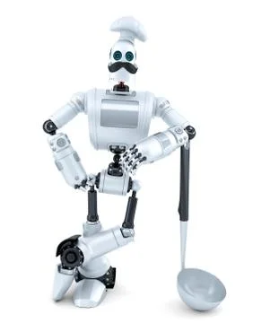 Robot Chef posing with soup ladle. 3D illustration. Isolated Stock Illustration