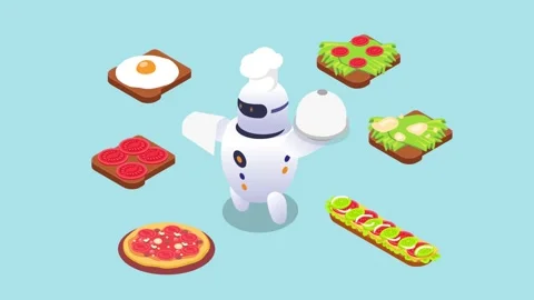 Robot chef preparing food vector illustration. Smart AI cook learning and d.. Stock Footage 280367903