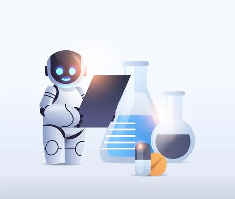 Robot chemist with test tubes making chemical experiment in lab microbiology Illustrazione stock