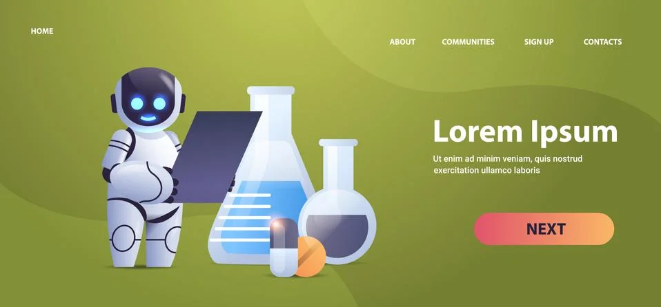 Robot chemist with test tubes making chemical experiment in lab microbiology Stock Illustration