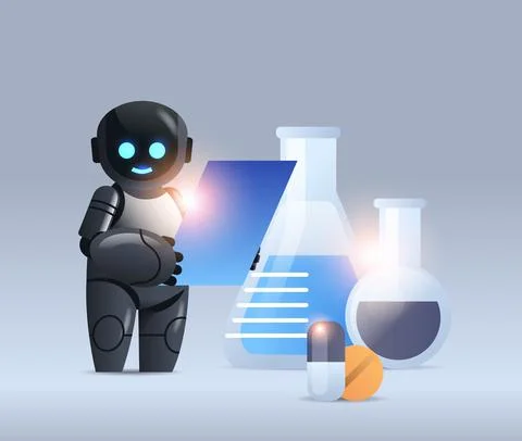 Robot chemist with test tubes making chemical experiment in lab microbiology 스톡 일러스트