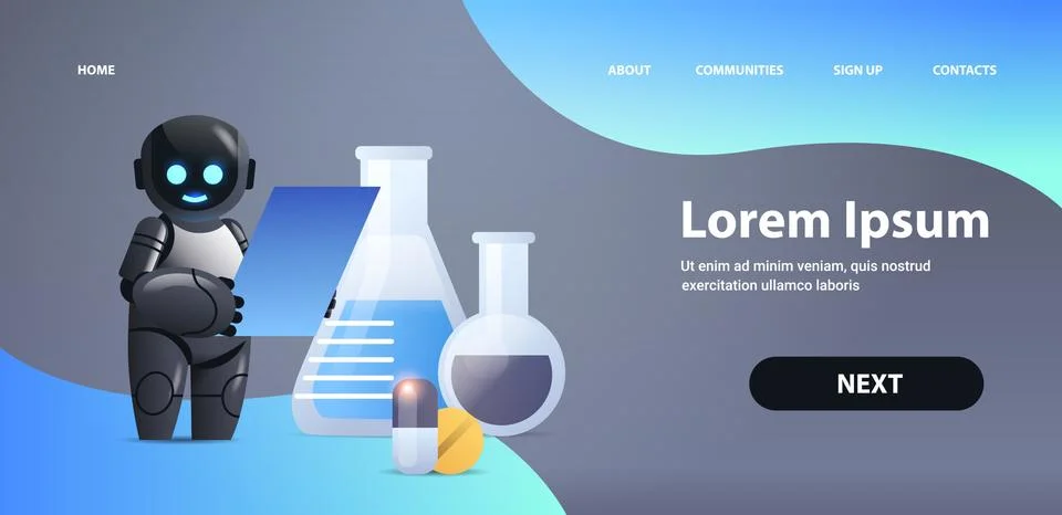 Robot chemist with test tubes making chemical experiment in lab microbiology Stock Illustration