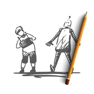 Robot, child, play, remote, control concept. Hand drawn isolated vector. Stock Illustration