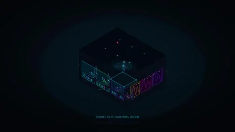 Robot City Control Room with a Bot Operator Managing Futuristic Holographic.. 動画素材 347352812