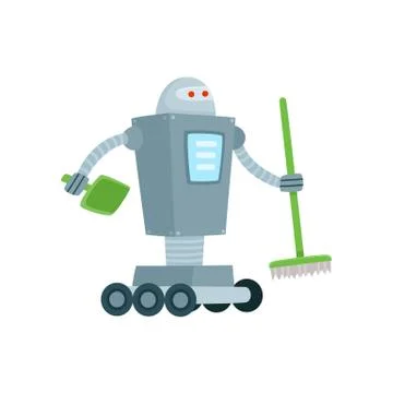 Robot cleaner, home assistant with broom, shovel Ilustración de archivo
