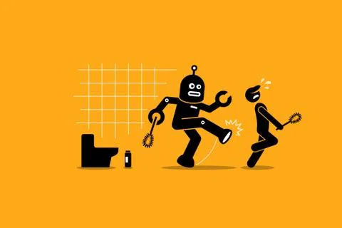 Robot cleaner kicks away a human janitor worker from doing his cleaning job at t イラスト素材
