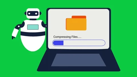 Robot Compressing Files on Laptop Screen Animation - Green Screen Tech Motion Stock Footage 341807590