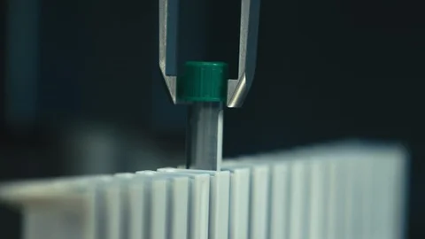 Robot computer picking up a vile substance Stock Footage 94546803