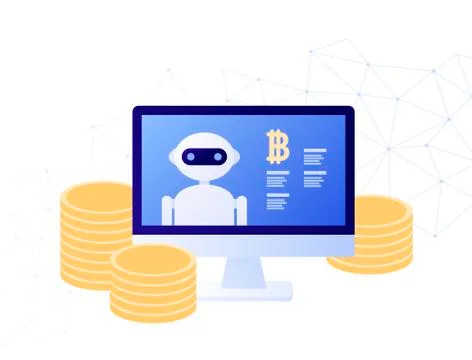 Robot on computer screen and coin symbol isolated on white. Stock Illustration