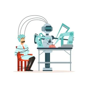 Robot conducting experiment in a laboratory, man tied up with rope sitting in a Illustrazione stock