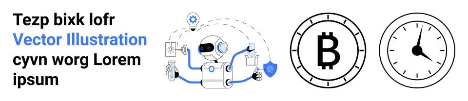 Robot connected to tech devices, Bitcoin symbol, and clock. Ideal for cryptoc Illustrazione stock