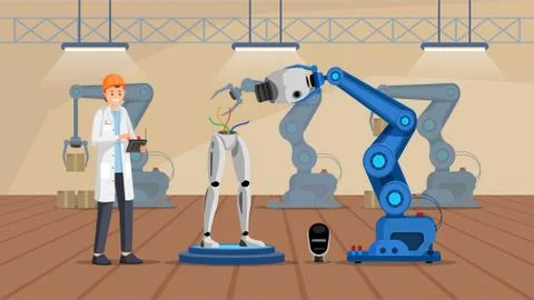 Robot construction plant flat vector illustration. Smiling scientist in white Stock Illustration