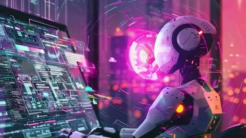 Robot Control Center with Computer Screens Stock Footage 294666216
