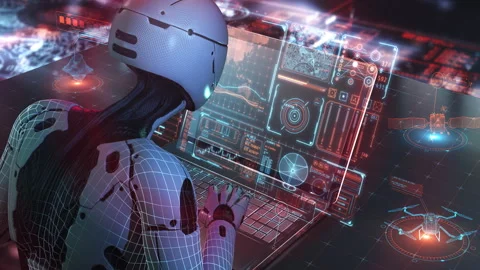 Robot controlling drones and satellites with futuristic laptop Stock Footage 307265281