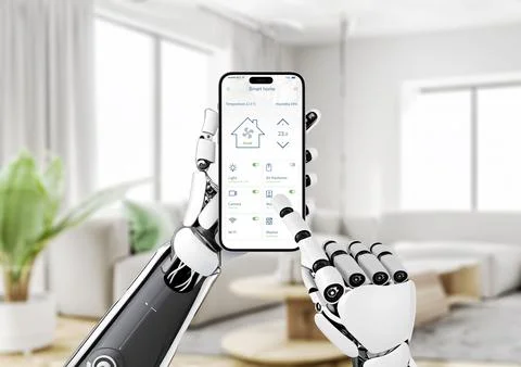 Robot controls the temperature and other parameters of the smart house with t Stock Photos